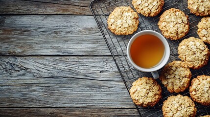 Poster - Oat vegan cookies on cooling rack with cup of tea Wooden background : Generative AI