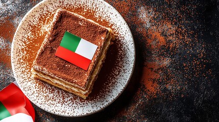 Poster - Tiramisu traditional Italian dessert on a white plate with Italian flag Top view Copy space : Generative AI