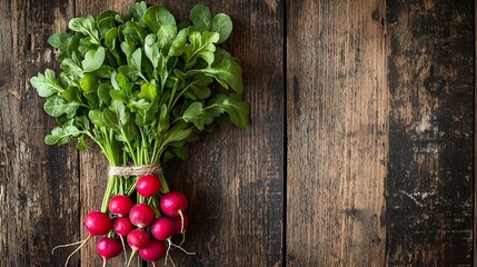Poster - Radish bunch on rustic wooden background Close up : Generative AI