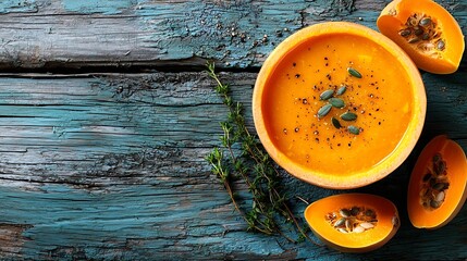 Poster - Pumpkin soup with cream seeds and thyme on a wooden background : Generative AI