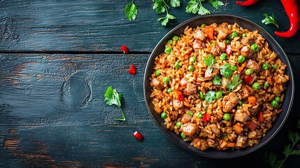 Poster - Asian fried rice with pork ham Blue wooden background Top view : Generative AI