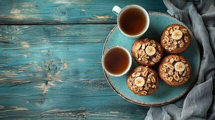 Poster - Pecan banana muffins on a plate with cup of tea Blue wooden background Copy space Top view : Generative AI