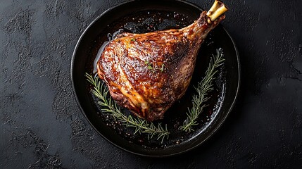 Poster - Roasted lamb leg on a plate Black background Copy space Top view : Generative AI