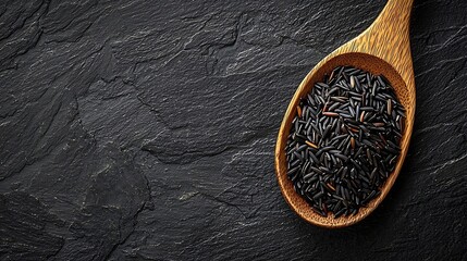 Poster - Black wild rice in a wooden spoon Grey stone background Copy space Top view : Generative AI
