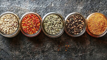 Poster - Assortments of spices white black pepper chili flakes fenugreek lemongrass coriander and cumin seeds in jars on grey stone background Top view Copy space : Generative AI