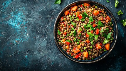 Poster - Lentil salad with vegetables in bowl Blue background Top view : Generative AI