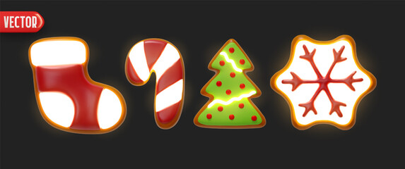 Wall Mural - Christmas set realistic 3d gingerbread cookies in shape Christmas tree, candy cane, red sock, snowflake with neon glow effect. Xmas sweet baking isolated on black background. vector illustration