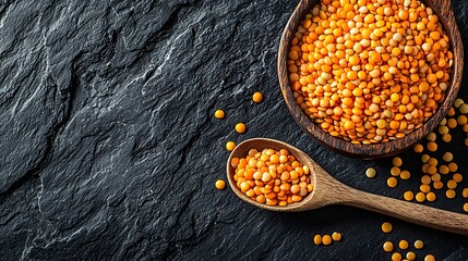 Poster - Yellow lentil in scoop and bowl Dark slate background Close up : Generative AI