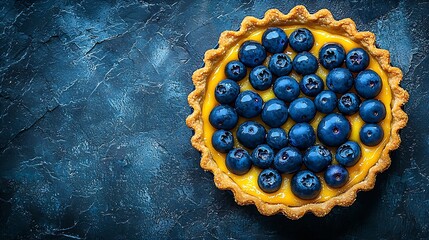 Poster - Blueberry tart pie tartlet with vanilla custard Blue stone background Top view Copy space : Generative AI