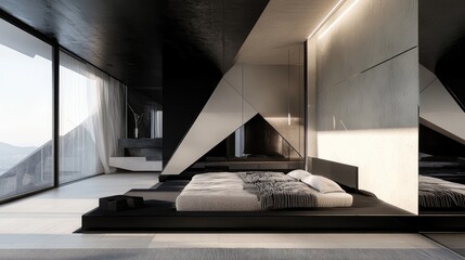 Poster - This tranquil bedroom features a blend of black and white, enhancing its minimalist aesthetic