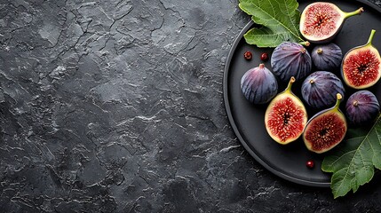 Poster - Fresh figs on black plate Dark background Top view : Generative AI