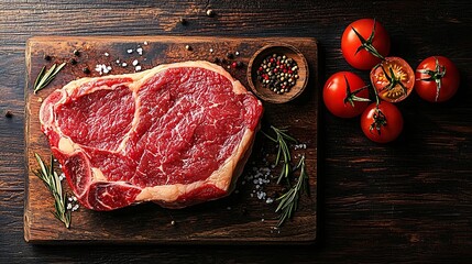Poster - Raw fresh meat Steak with salt and pepper rosemary and tomatoes on cutting board on dark wooden background Copy space Top view : Generative AI