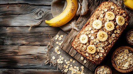 Poster - Healthy vegan oat and banana loaf bread cake Wooden background Copy space : Generative AI