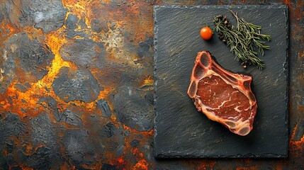 Aufkleber - Raw beef steak Meat piece Top view Copy space Slate cutting board : Generative AI