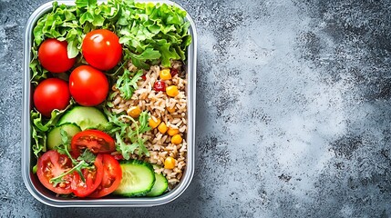 Poster - Lunch box with vegetables brown rice and salad Healthy eating Grey background Copy space Top view : Generative AI