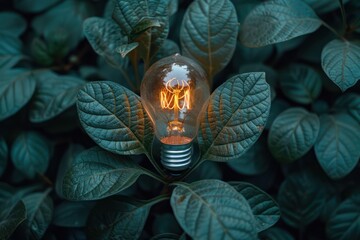 Renewable Energy Concept: Light Bulb on Green Leaves with Neural Network Art