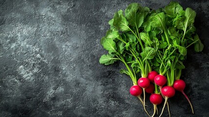 Poster - Radish bunch on grey stone background Copy space Close up : Generative AI