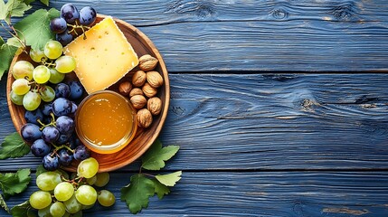 Poster - Cheese plate with fresh grape honey comb nuts and plum jelly marmalade on a blue wooden background : Generative AI