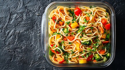 Poster - Stir fry noodles udon with vegetables in glass lunch box Grey stone background Top view Copy space : Generative AI