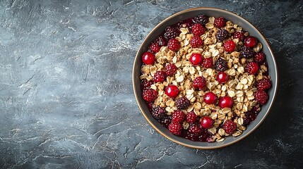 Poster - Cherry red berry crumble in baking dish Grey stone background Close up Top view : Generative AI