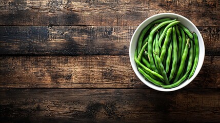 Aufkleber - Green beans in white bowl on cutting board Top view Copy space : Generative AI