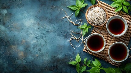 Poster - Noodles soba on blue background Traditional Japanese food Top view : Generative AI