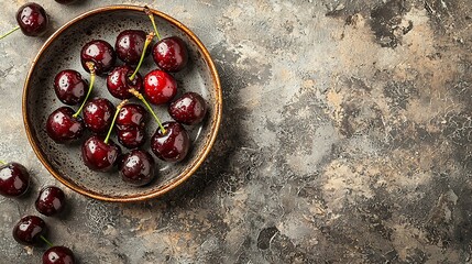 Poster - Fresh ripe black cherries in vintage backing dish on a stone background Copy space Top view : Generative AI