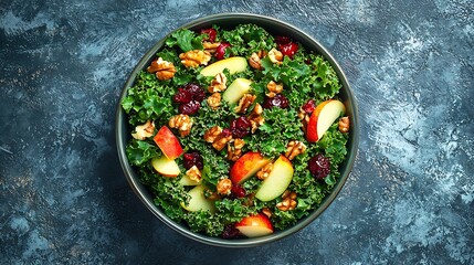 Poster - Kale salad with apples cranberry and nuts Grey background Top view : Generative AI