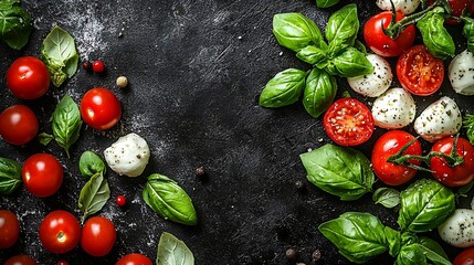 Poster - Caprese salad with tomatoes mozzarella cheese basil Dark background Close up Top view : Generative AI