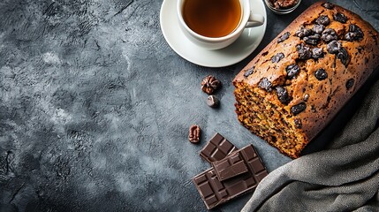 Poster - Banana carrot apple cake loaf with chocolate and cup of tea on grey background : Generative AI