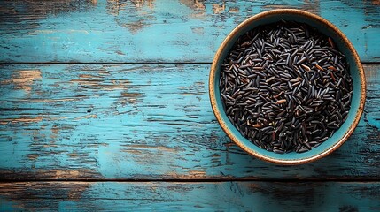 Poster - Black wild rice in a bowl Blue wooden background Close up : Generative AI