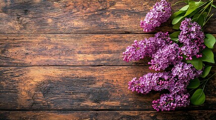 Poster - Bunch of lilac flowers on a crackling wooden background Top view copy space : Generative AI