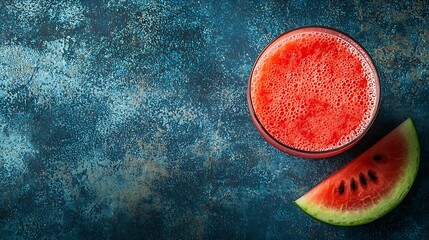 Poster - Fresh watermelon juice smoothie on blue textile background Top view : Generative AI