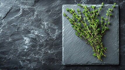 Poster - Fresh thyme bunch on slate background Copy space Top view : Generative AI