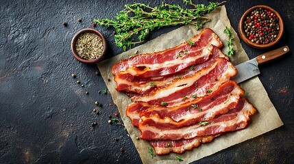 Poster - Raw bacon slices with herbs spices and knife on parchment paper Grey background Copy space Top view : Generative AI
