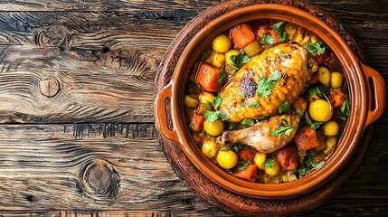 Poster - Tagine with cooked chicken and vegetables Wooden background Copy space Top view : Generative AI