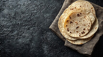 Poster - Tortillas flat breads on grey textile background Copy space Top view : Generative AI