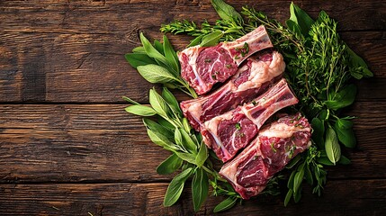 Poster - Raw meat mutton lamb rack with fresh herbs on a wooden background Copy space top view : Generative AI