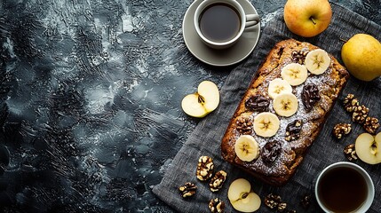 Poster - Banana carrot apple cake loaf with chocolate and cup of tea on grey textile background Top view : Generative AI