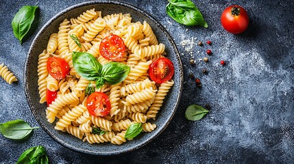 Poster - Pasta fusilli with mozzarella cheese tomatoes and basil Grey background Top view : Generative AI