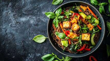 Poster - Soba noodles with vegetables and fried tofu in a bowl Grey background Top view Close up : Generative AI