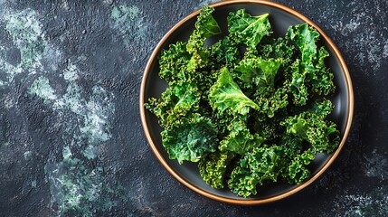 Poster - Kale chips healthy snack on a plate Grey background Close up Copy space : Generative AI