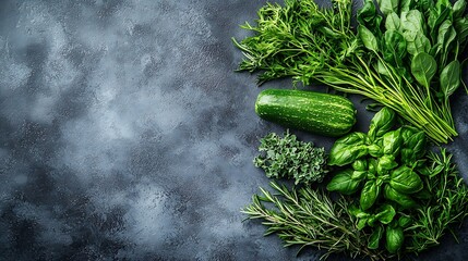 Poster - Assortment of fresh herbs Grey background Copy space Top view : Generative AI