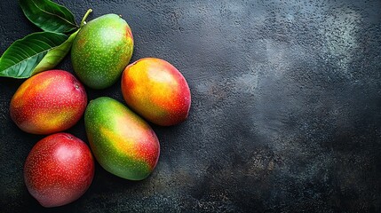 Poster - Fresh mango organic product Dark background Close up Top view : Generative AI