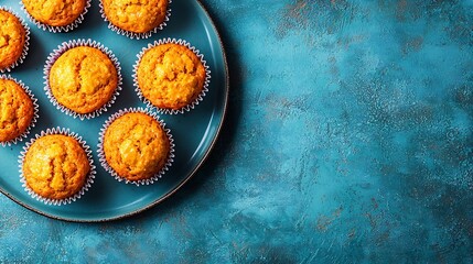 Poster - Healthy vegan carrot muffins with ricotta cheese on a plate Blue background Copy space Top view : Generative AI