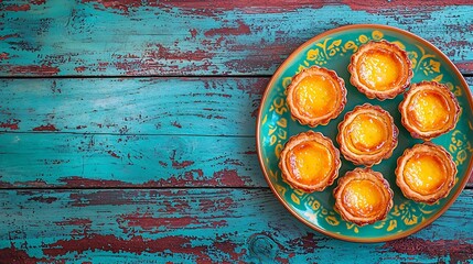 Poster - Egg tarts traditional Portuguese dessert pastel de nata on a plate Colorful wooden background : Generative AI