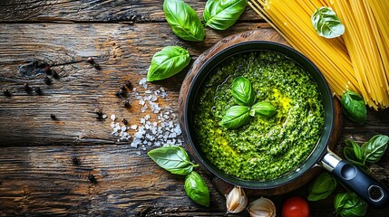 Poster - Pasta spaghetti with basil pesto sauce in saucepan White crackled wooden background Top view Copy space : Generative AI