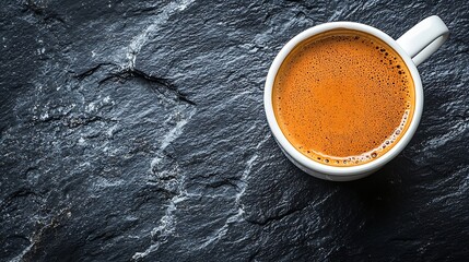 Poster - Coffee in white cup on black slate background Top view : Generative AI