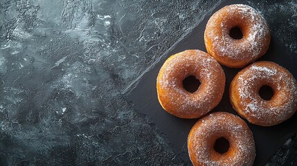 Poster - Donuts with sugar powder on slate board Flat lay composition Copy space Top view : Generative AI