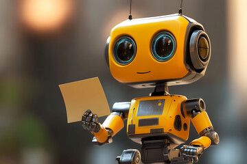 A cheerful yellow robot holding a piece of paper, showcasing a friendly design.